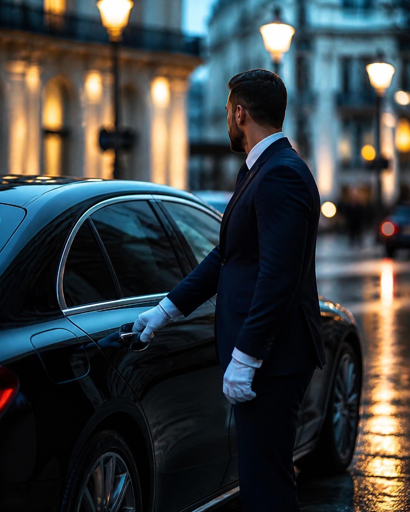 Professional Driv A Long Chauffeur opening luxury car door