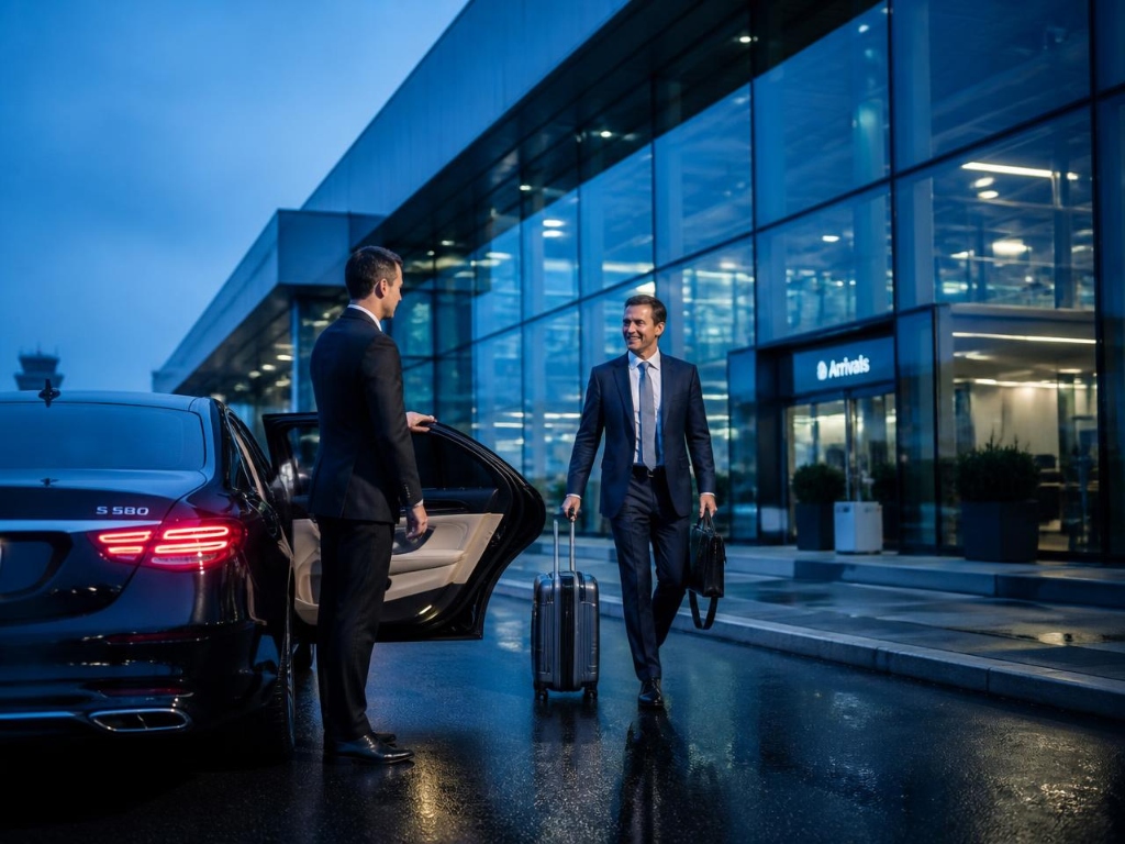 Uniformed Driv A Long chauffeur opening door for executive client outside airport terminal