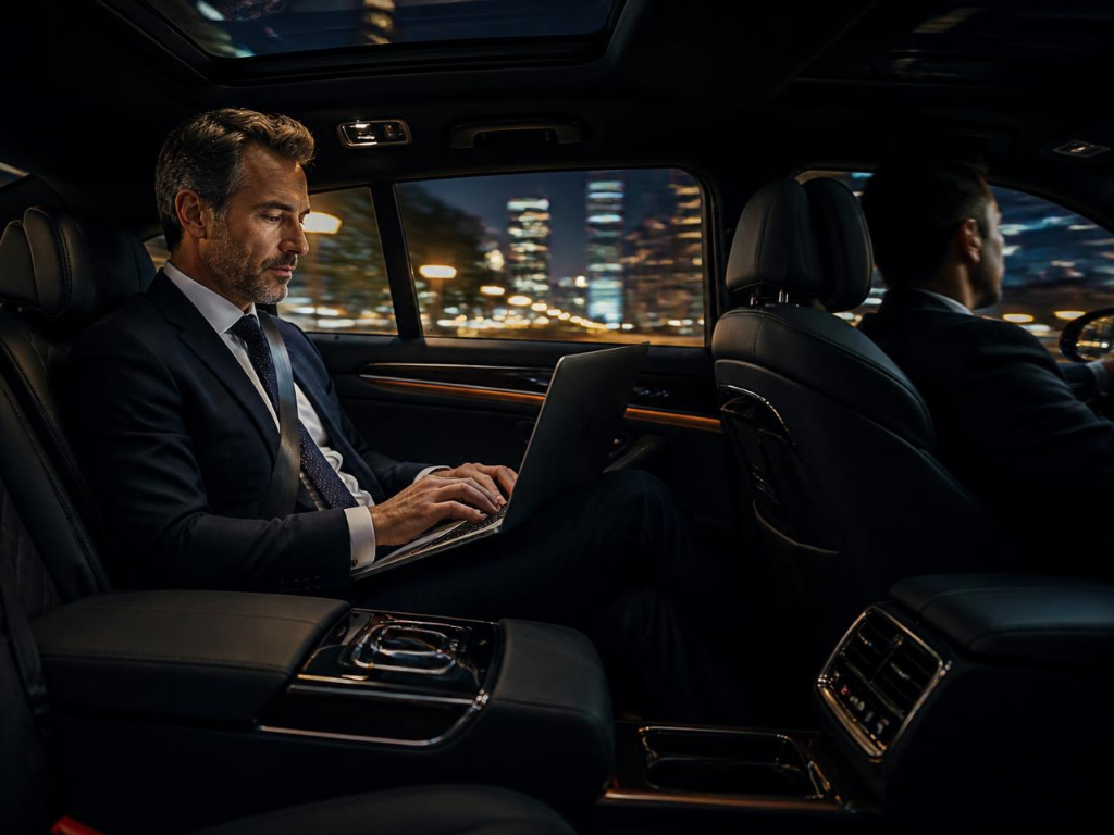 Executive riding comfortably in luxury car backseat working on laptop